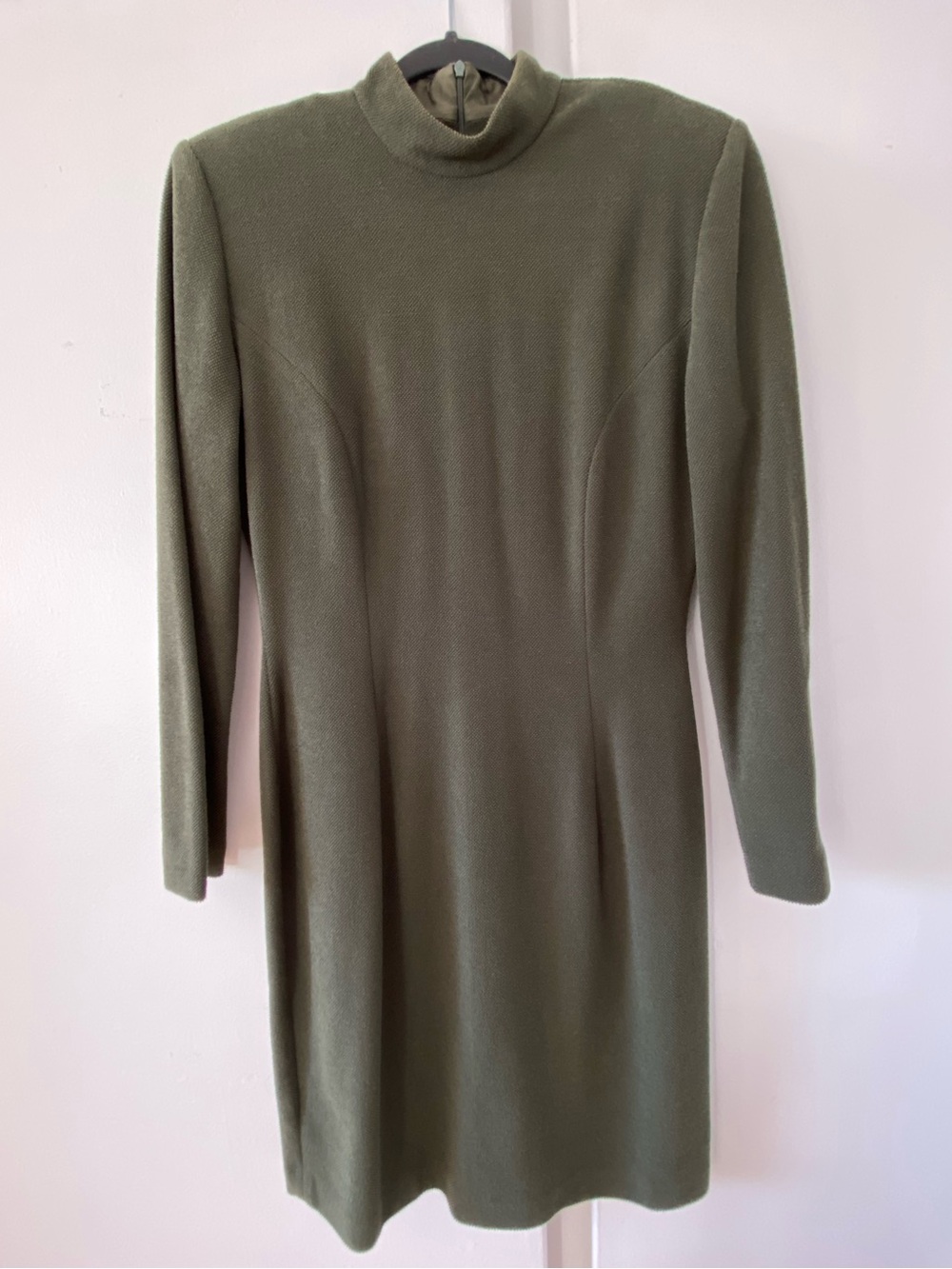 Vintage 80s Olive Green Long Sleeve Mock Neck Tailored Shoulder Women's Dress